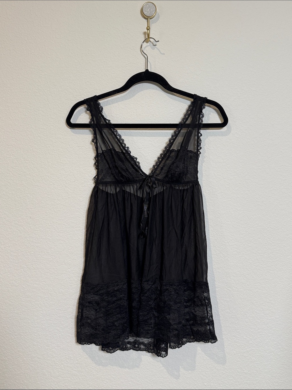 Victoria's Secret Y2k Black Lace Bow Sheer Mesh Babydoll Chemise